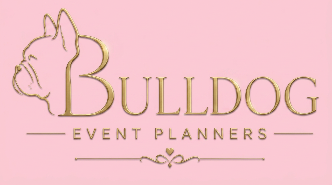Bulldog Event Planners illustrated logo with two women and two French bulldogs